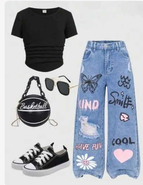 S4g Explorewe Tween Girls Medium Wash Blue Distressed Fashion Print Loose Flare Leg Jeans, School, Campus, College