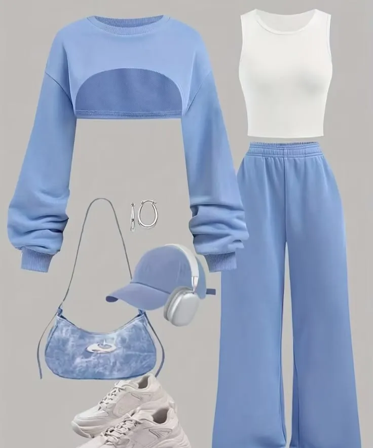 Girlism Tween Girls 3 PiecesCasual Outfit - Solid Color Blue & White Contrast Cropped Hoodie, Camisole, And Cargo Pants With Long Sleeve Autumn Clothing Fall Winter